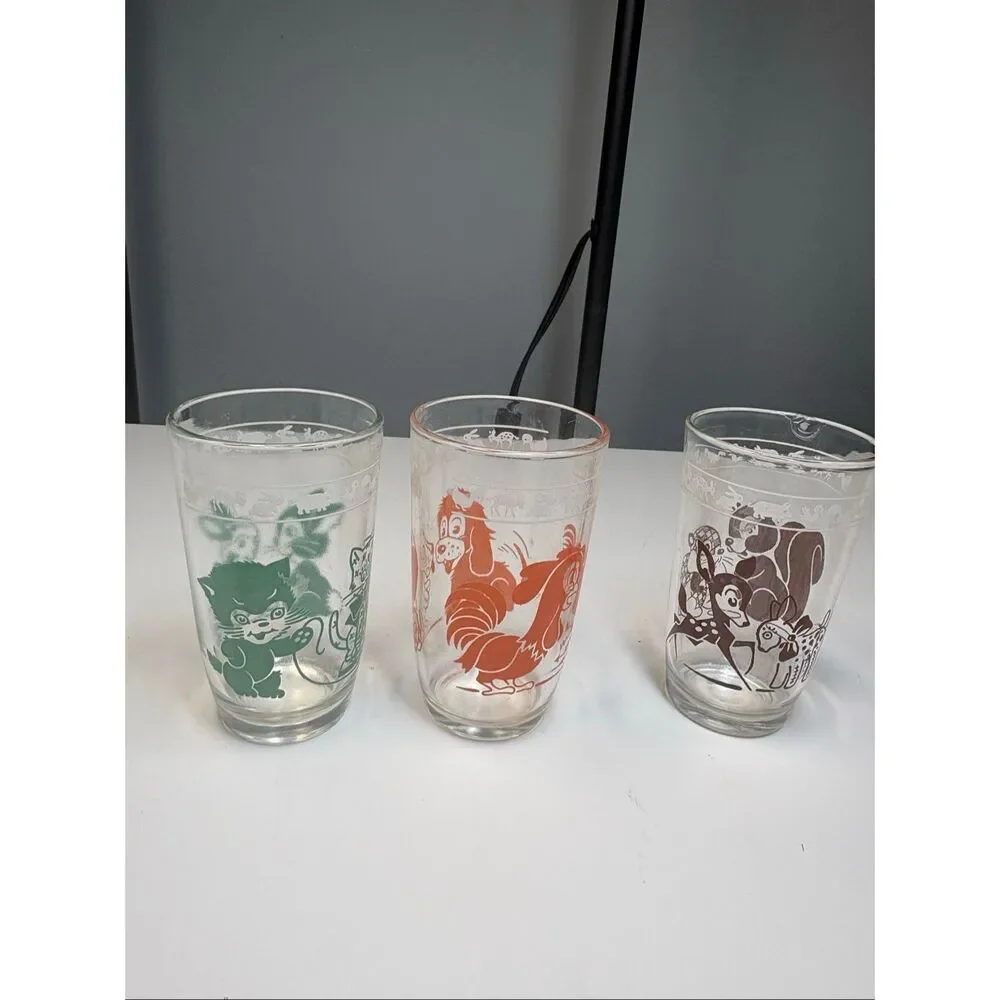 Vintage Animal Character Juice Glasses Set of 3 Cat Rooster Squirrel Farm Kids